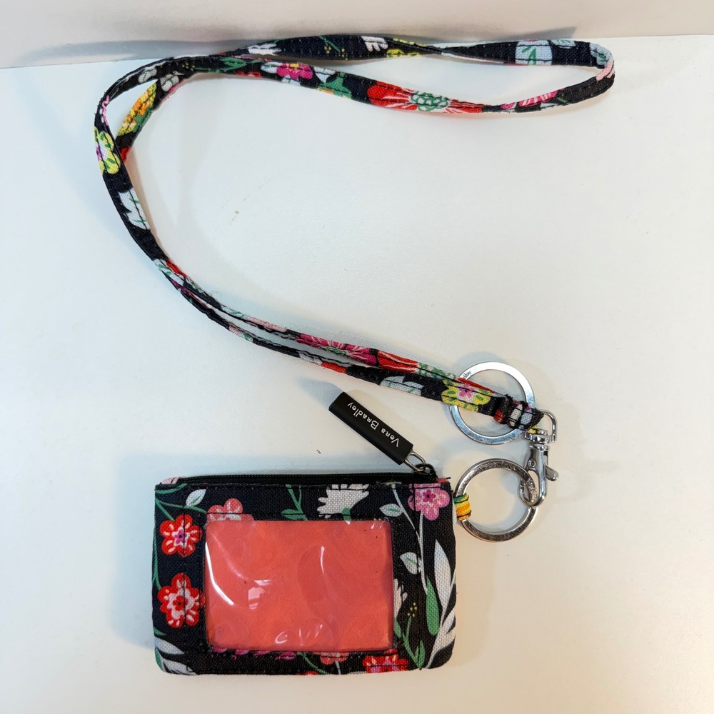 Vera Bradley Zip ID Case Lanyard Women Black Tangerine Twist Keychain Wallet